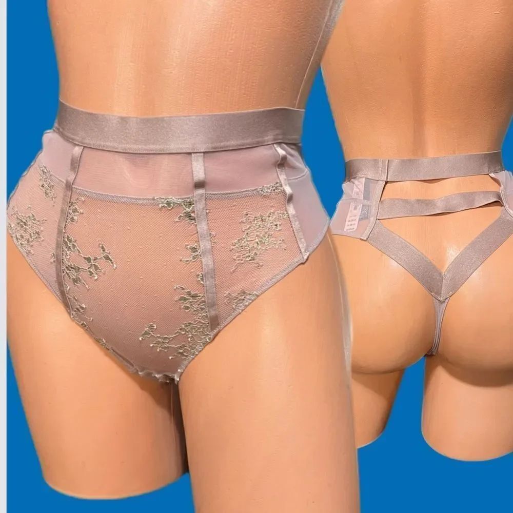 Victoria's Secret Metallic flowers Sheer mesh High Waist Thong beige /gold Xs